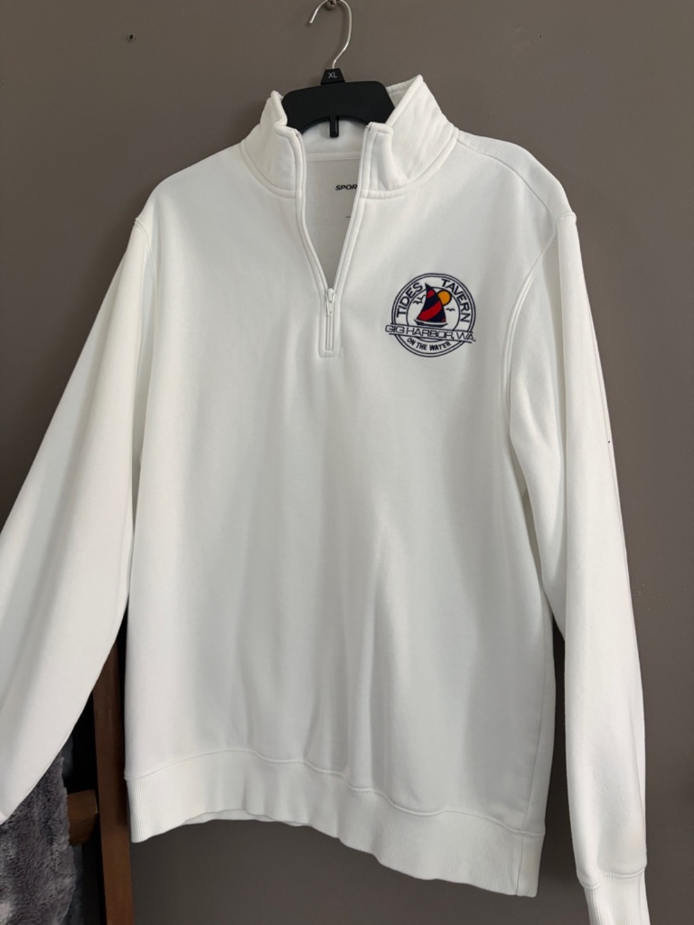 White Half-Zip Pullover Sweatshirt with Embroidered Crest Size Large